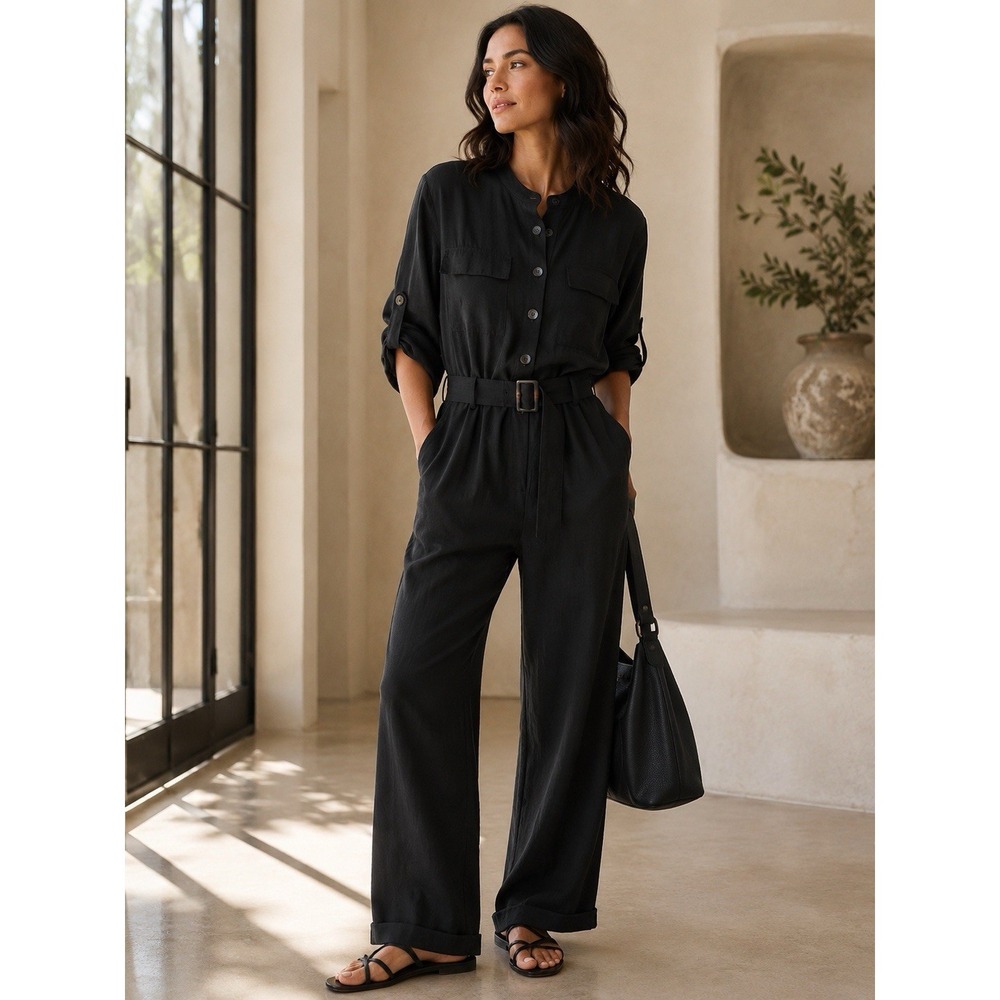 Vince Camuto 18W Black Utility Jumpsuit Belted Roll Tab Sleeve Wide Leg